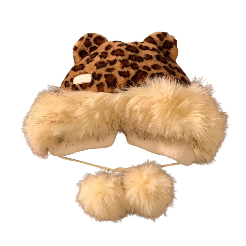 Women Leopard Print Furry Hat Bear Animal Ears Hat Windproof Winter Snow Hat