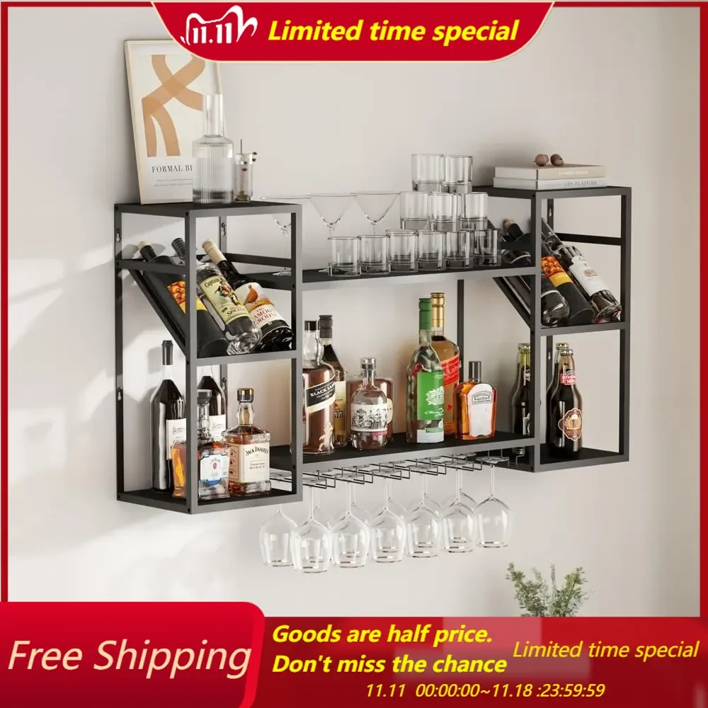 

Metal Floating Bar Liquor Shelves 2 Tier, Wall Mounted Wine Rack with Glass Holder Storage, Wall Bar Shelf Wine Display Storage