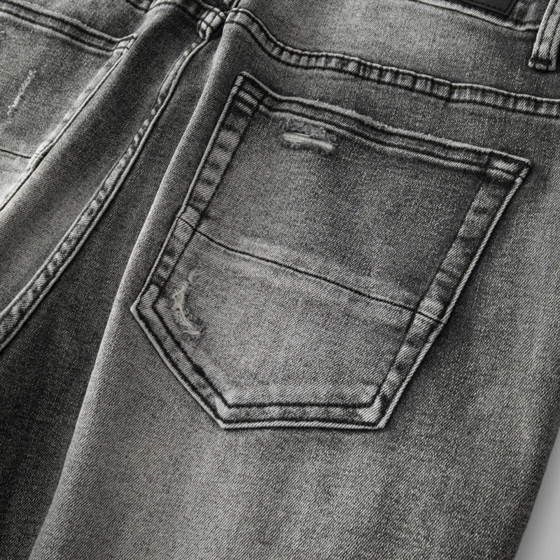 y2kFashion Men's Retro Grey Jeans High Quality Stretch Tight Patched Jeans Men's Splicing Designer Hip Hop Brand Pants Hombr