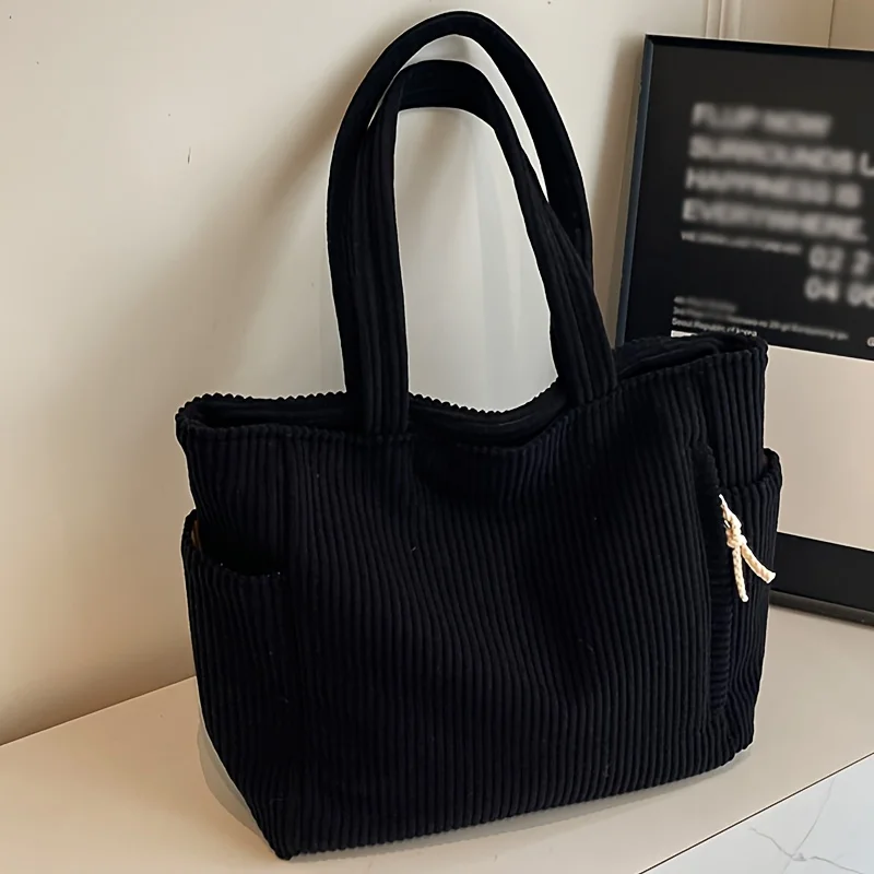 Leichte Cord-Handtasche mit großem Fassungsvermögen und Reißverschluss, einfarbige lässige Umhängetasche für den täglichen Pendelverkehr