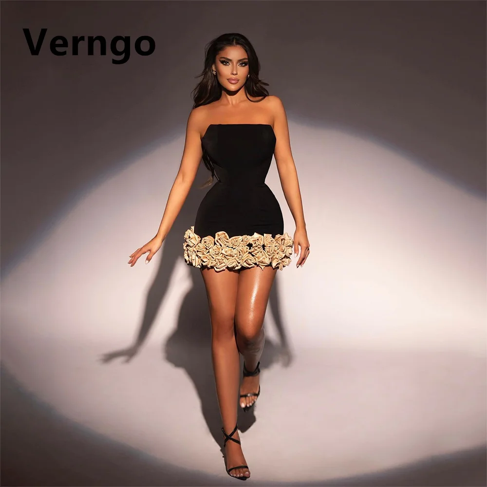 Verngo Black Velvet Mini Party Dress 3D Flower Short Prom Gowns Simple Birthday Dress For Women Classic Formal Gowns