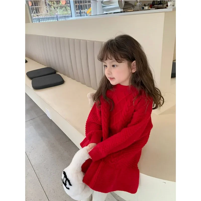 Girls Korean Style Knitted Dress 2023 Winter New Fashionable Thickened Princess Solid Color Casual Simple Princess Dress