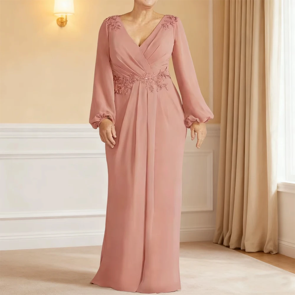 

Customized Long Sleeve Mother of Bride Dresses V Neck Chiffon Waist with Lace Appliques Wedding Party Dresses ﻿