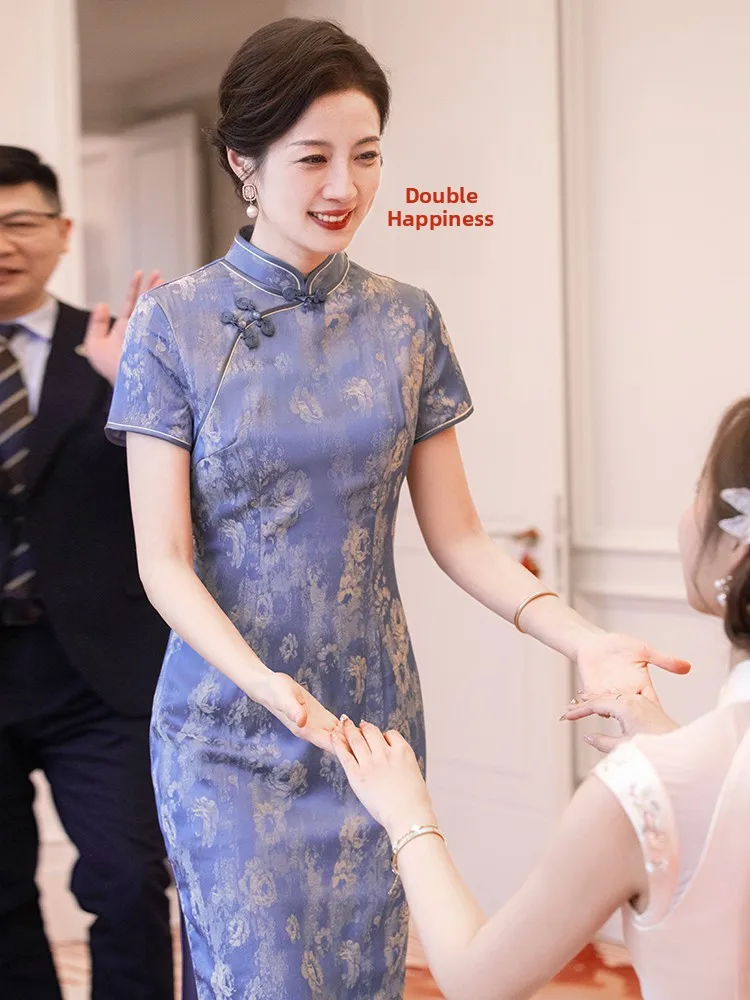 

Ele Blue Wedding Dr Young Faionable Traditional Chinese Costume High Slit ort Sve Mid-Length Qipao