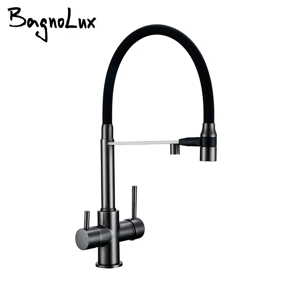 Kitchen Faucet Gunmetal Gray Brass 3 Ways Sink Mixer Black Hose Mount Pull Out Dual Sprayer Nozzle  Water Taps