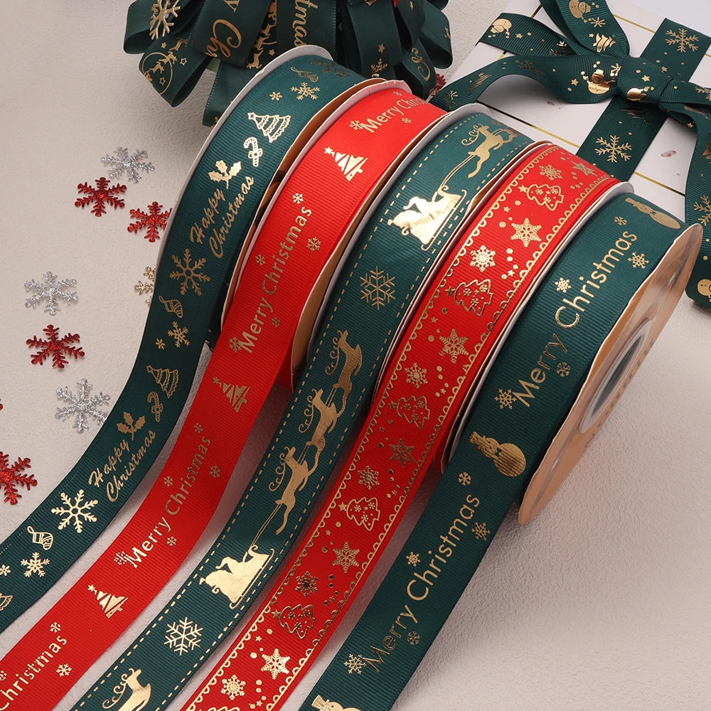 50 Yards 25mm Weihnachtsband, goldbedrucktes Polyesterband für Hochzeits- und Weihnachtsdekoration, Geschenkverpackungsband, Großhandel – Detail 3