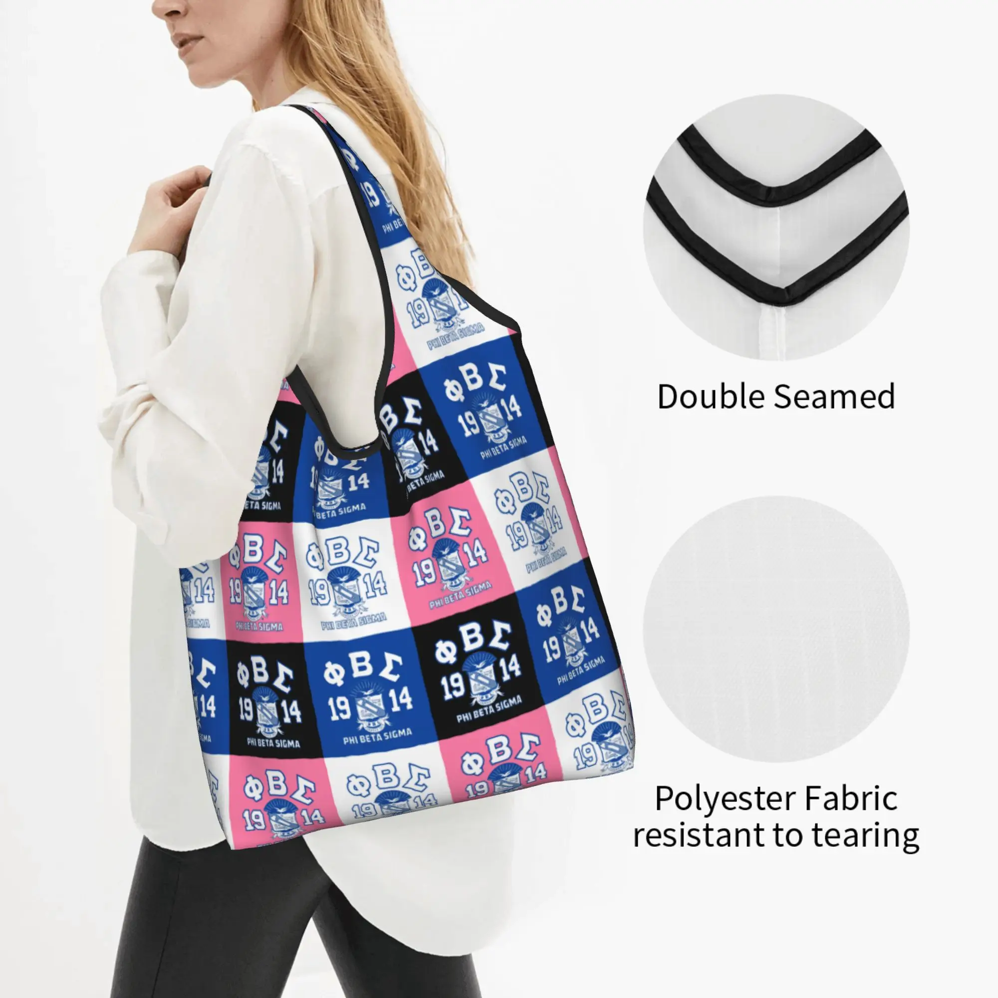 Reusable Beta Sigma Phi Fraternity  Shopping Bag Women Tote Bag Portable 1914 Checkered Plaid  Groceries Shopper Bags