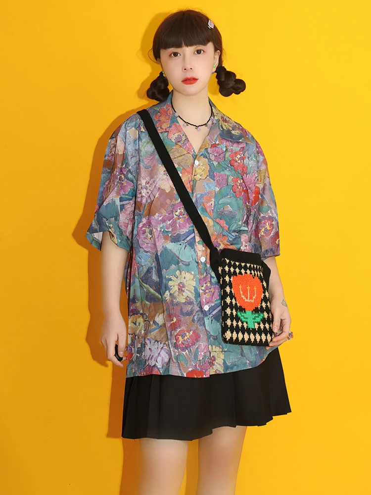 

Sli Loose ort Sve Floral irt Hong Kong Sle Art Student Summer Outerwear V-ne Polyester Fiber Straight Cut Top