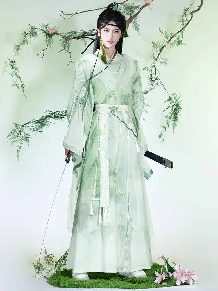 

New Improve Round Neck Embroidery Ancient Style Green Wide Sleeves Xianxia Style Hanfu Women Fiesta Carnival Halloween Cosplay