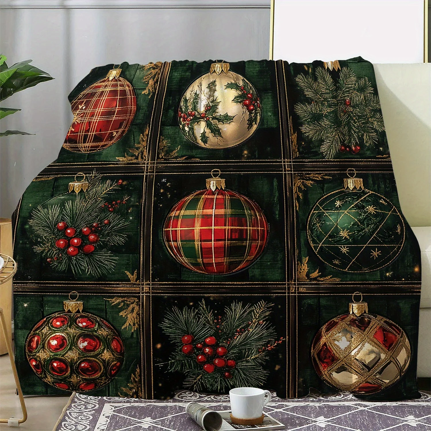 Cozy Flannel Christmas Blanket with Festive Red Fruit & Ball Print - Soft, Warm Throw for Couch, Bed, Car, Office, Camping