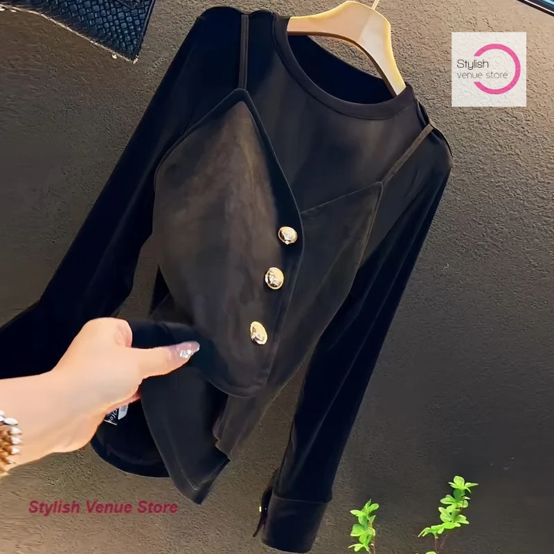 

Korean design sense black round neck fake two-piece long-sleeved T-shirt women's autumn and winter fashion slim bottoming top