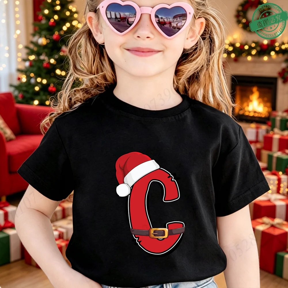 Christmas Santa Hat Belt A‑Z Alphabet Print Kids T‑Shirt Cotton Children's Clothing Short Sleeve O‑Neck Xmas Holiday Party Top