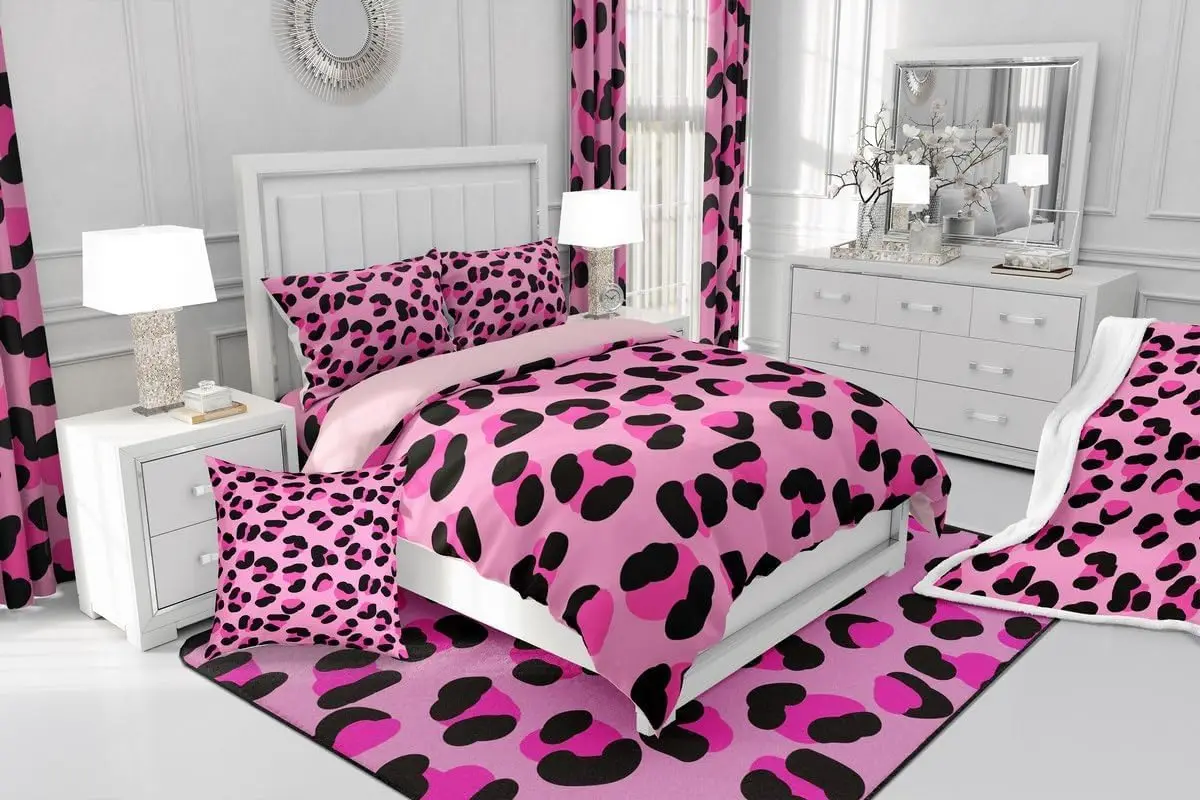 Pink Black Leopard Print Bedding Set Single Size Cheetah Animal Theme Duvet Cover With 1 Pillowcase For Kids Teens 4