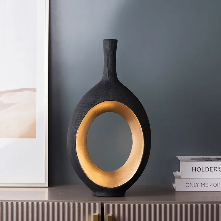 Golden Ceramic Vase, Decorative Ornament, Hollow Geometric Donut Vase, Living Room Flower Arrangement, Home Decoration
