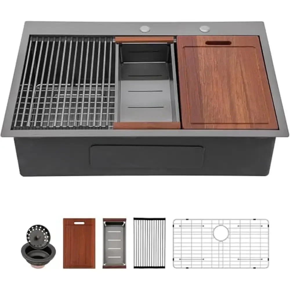 

33-дюймовая черная кухонная раковина из нержавеющей стали, рабочая станция 33x19, раковина с верхним креплением, калибр 16 с X канавками, лучший дренаж