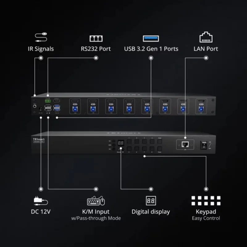 8-Port KVM Switch 4K60Hz USB 3.0 Hot Plug with Hot Key RS232 LAN Control EDID 8x1 HDMI Video Switcher for Computer And Gaming