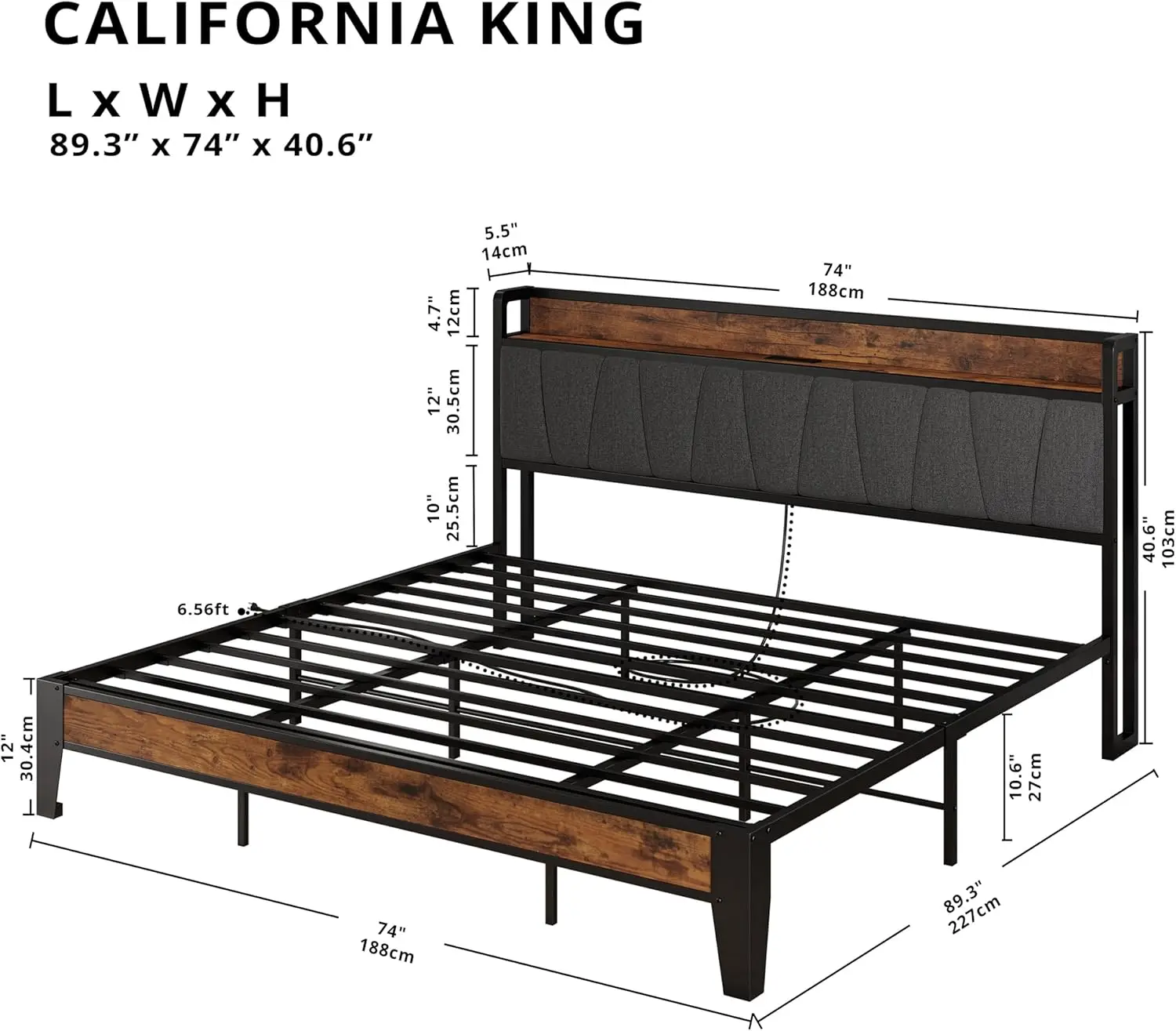 Likimio California King Bed Frames, Storage Headboard With Charging Station, Solid And Stable, Noise Free, No Box Spring