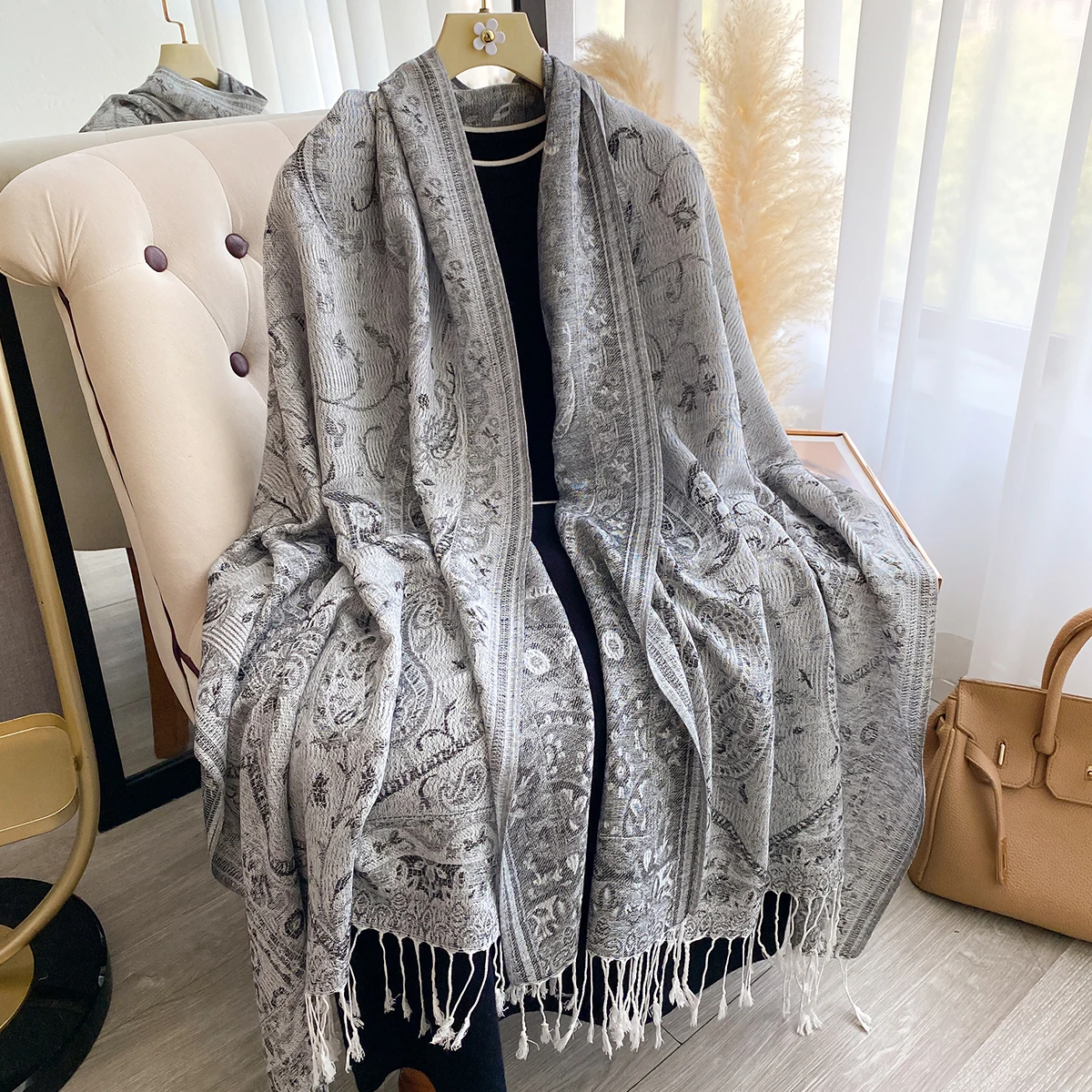 Neue Mode Damen Faux Kaschmir Winter Wrap Vintage Print Quasten Dicke Warme Pashmina Zweiseitiger Schal Outdoor Schals Foulard – Detail 29