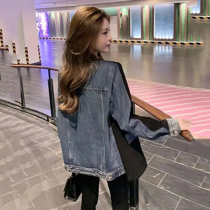 Unique Design Denim Stitching Blazer Jacket Women Spring Autumn New Cowboy Suit Coat Female Casual Outerwear Blazer Ladies Tops