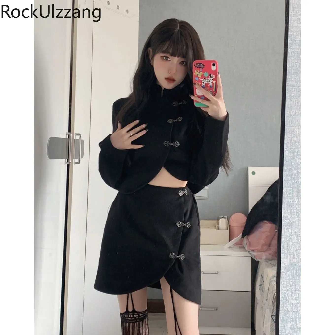 Two Piece Set Crop Top and Skirt Set Women Cloth y2k Cropped Cheongsam Blazer Outfit Jacket Mini Skirts High Street Fashion Goth