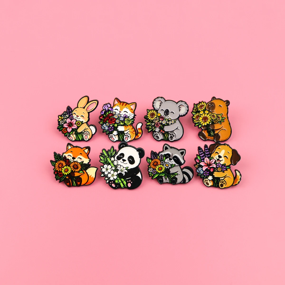 Wildtier-Brosche mit Blume, niedlicher Hase, Metall-Emaille-Pins, Abzeichen für Rucksack, Kleidung, Accessoires, Schmuck, Geschenk für Freunde