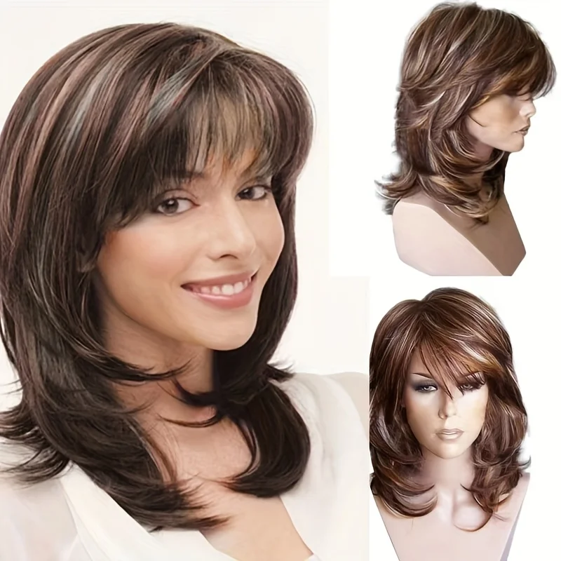 

Women's bangs slightly curly brown highlighted synthetic wig, suitable for daily dress wig accessories