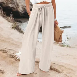 Womens Cotton Linen Pants Vintage Solid Color Wrinkled Jogging Trousers Drawstring Double Pocket Pants Hawaiian Beachwear Female