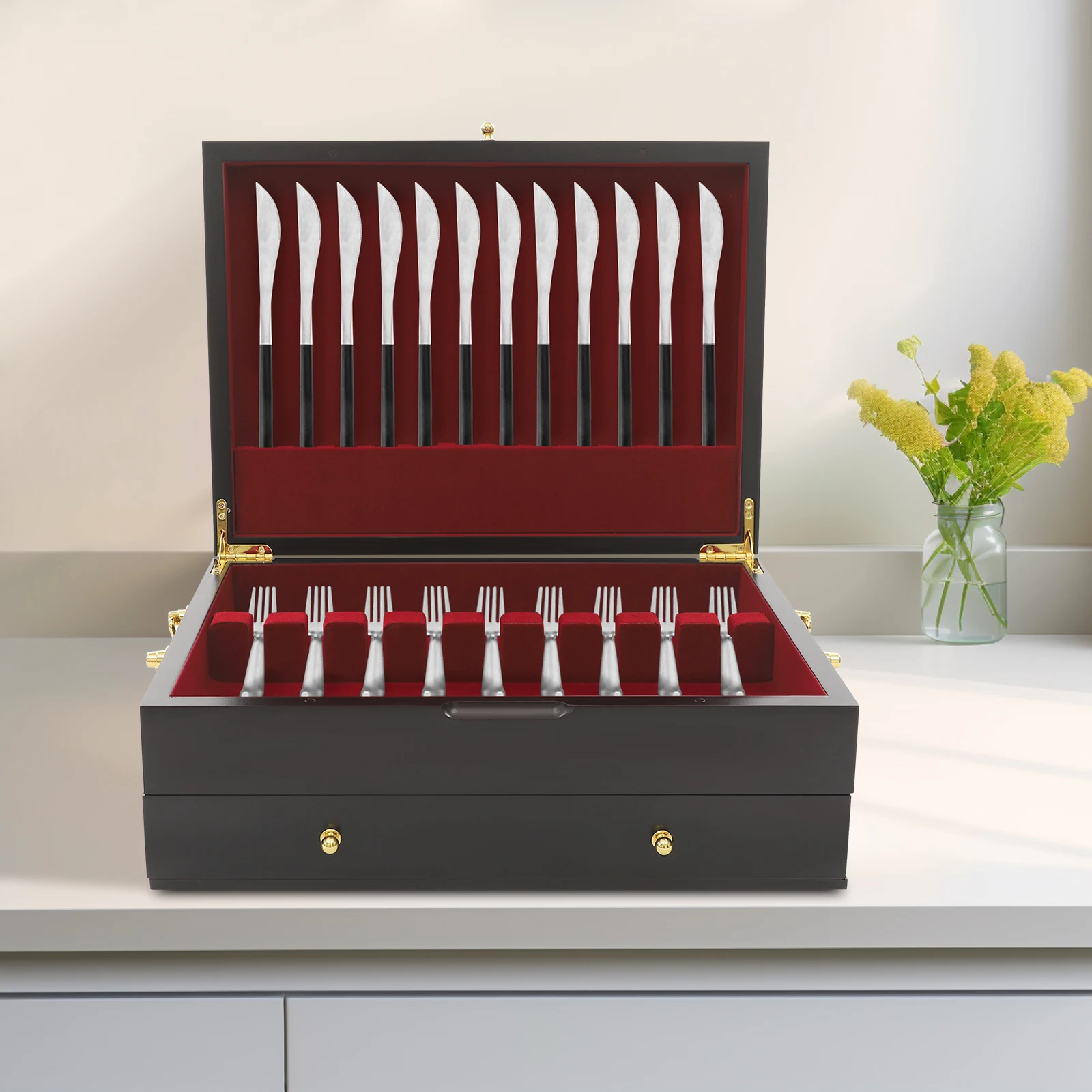 

39 * 29 * 14cm Pine Wood Silverware Box, Household Utensil Storage Box, Double-Layer Drawer Storage Box with Handle