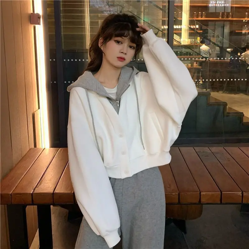 Women Casual Hoodies Autumn cotton Fake two pieces Zip Up Oversized Sweatshirts Harajuku Long Sleeve Hooded Short Jackets Coat