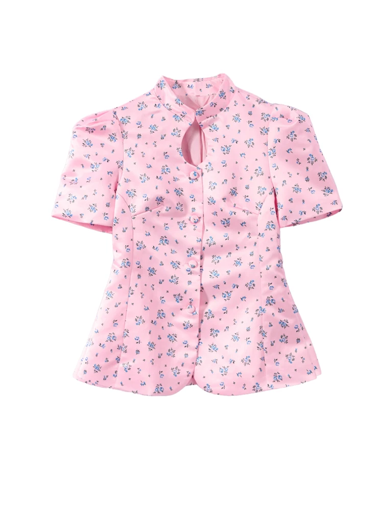 Sommerliches Damen-Blumen-T-Shirt: Elegante Stehkragen-Bluse mit kurzen Puffärmeln und Einreiher – Schicke Streetwear für Damen 2026