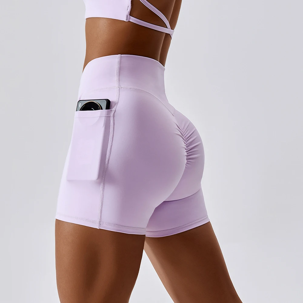 Nude Feeling High Waist Yoga Shorts Women\'s Pocket Running Fitness Shorts Gym Push Up Shorts Cross Waist Tight Sports Shorts