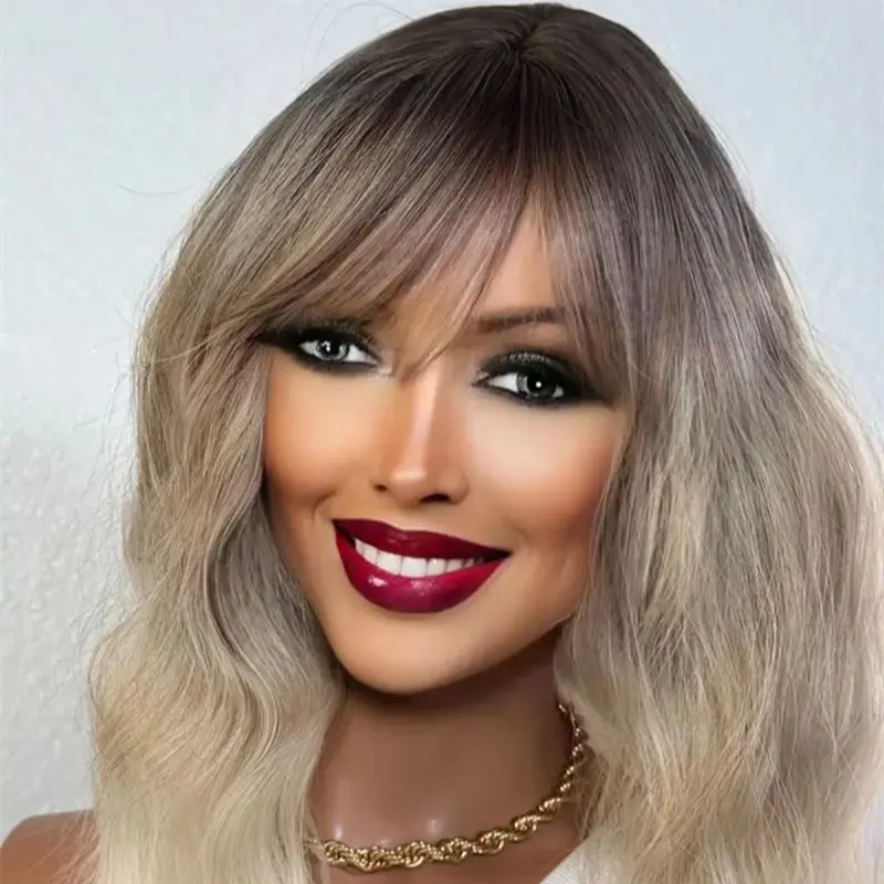 Peluca de alta calidad Ombre Ash Platinum Blonde con raíces oscuras peluca con malla frontal sintética con flequillo peluca de línea de cabello realista para mujeres