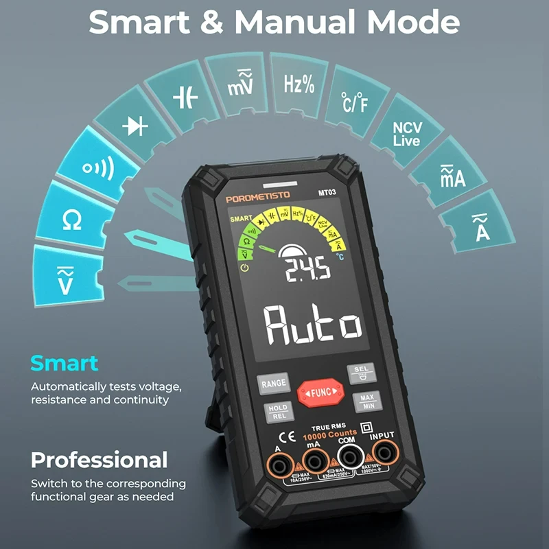 Imagem -03 - Multímetro Digital 9999 Contagens Testador de Tensão Inteligente ac dc Alcance Automático 1000v Temp de Resistência Ncv Testador Atual Porometisto-mt03