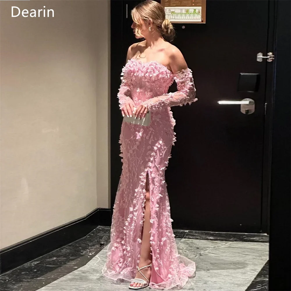 Vestido de noche personalizado Dearin, faldas hasta el suelo de sirena con hombros descubiertos, apliques en capas, vestidos para ocasiones a medida con flores Pr