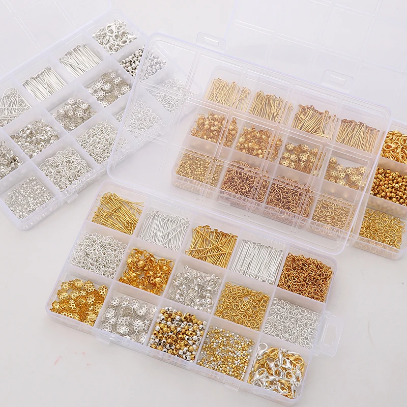 

15 Grids Chains Set Gold Beads Loose Spacer Beads Clasps & Hooks Chain for Necklace Bracelet Jewelry Findings Accessories