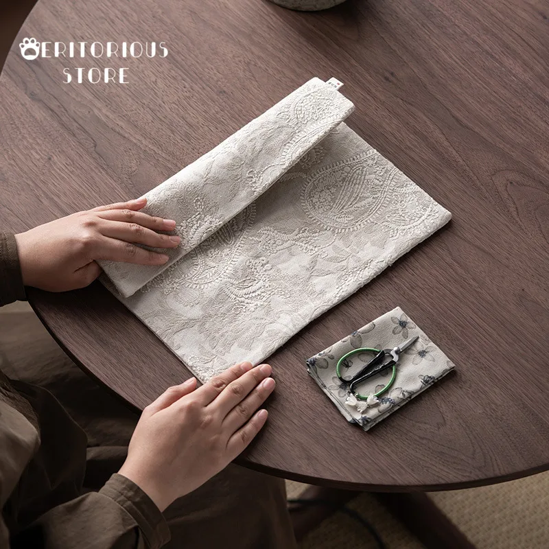 Chinese Tea Mat Embroidered Jacquard Cup Mat Zen Large Place Mat Double-Sided Waterproof Coaster Tablecloth Tea Accessories Tool