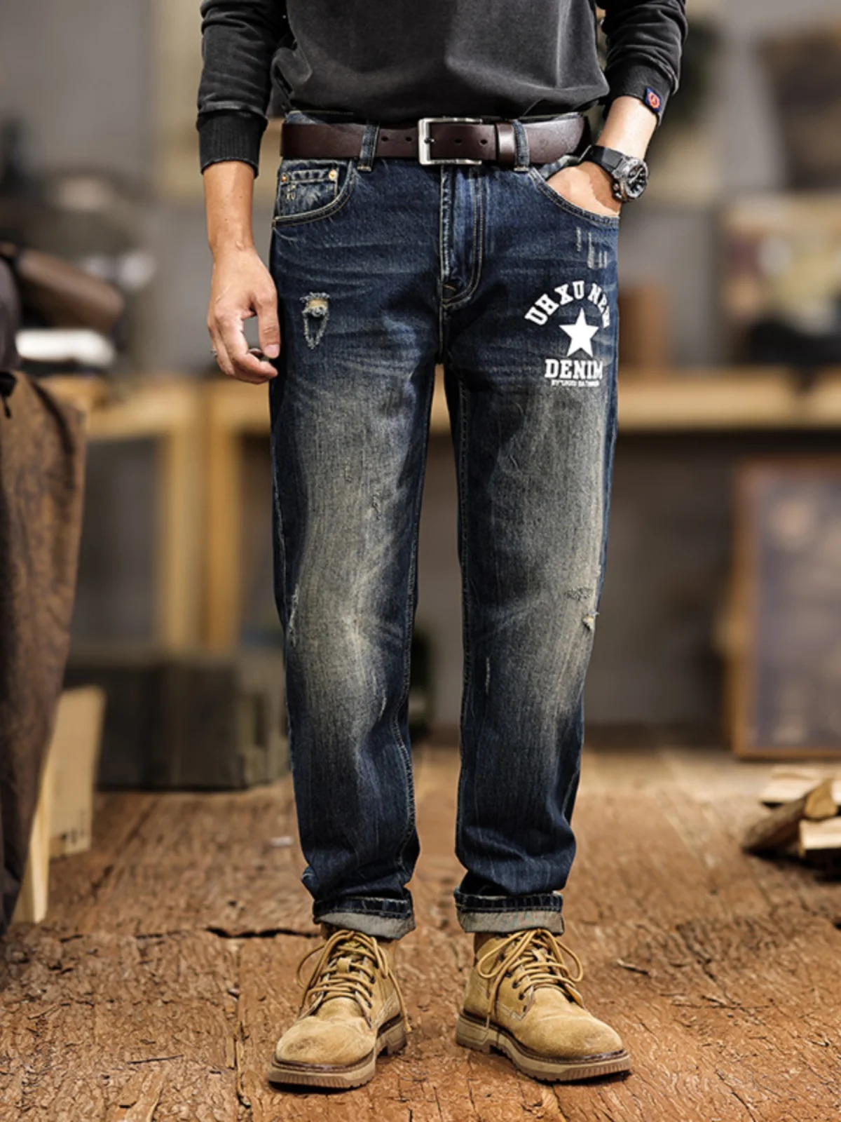 

Retro American Washed Denim Jeans Men's Trendy Loose Straight Leg Printed Casual Long Pants Autumn Winter Style Cotton Stretch