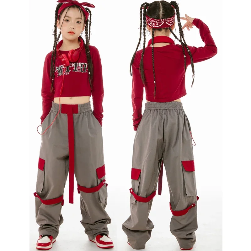 Camicie rosse per bambini pantaloni larghi Kpop abiti ragazze ragazzi Jazz Performance Clothes festa dei bambini costumi di danza Hip Hop