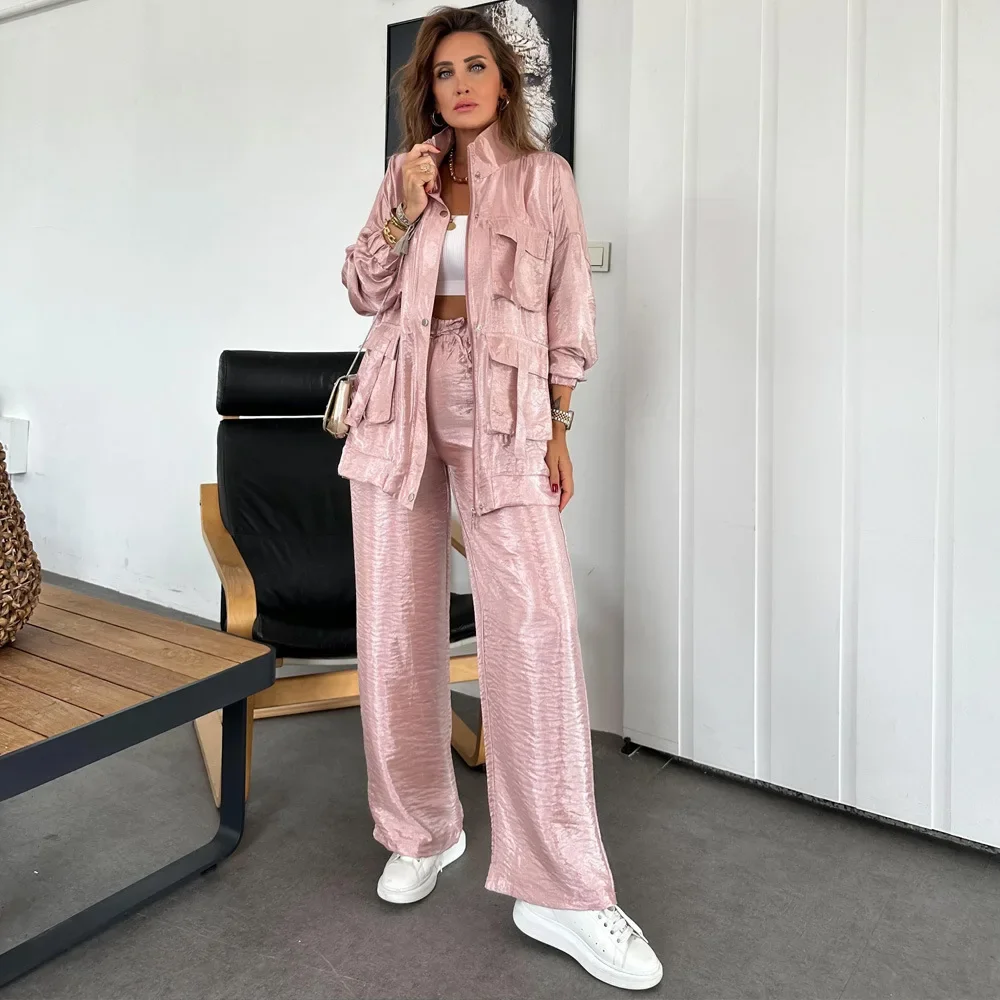 Metallic Women 2 Piece Set Solid Cargo Loose Coats Wide Leg Pants Matching Set 2024 Autumn Winter Elegant Office Lady Outfits