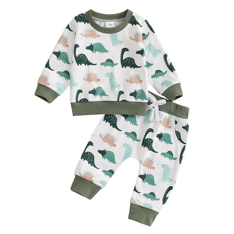 

Baby Boy Fall Outfit Dinosaur Print Long Sleeve Sweatshirt and Elastic Pants 2 Piece Clothes for Toddler