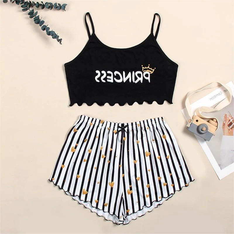 Fashionable And Sexy Home Casual Striped Shorts + Vest Pajamas Two-Piece Set For Women