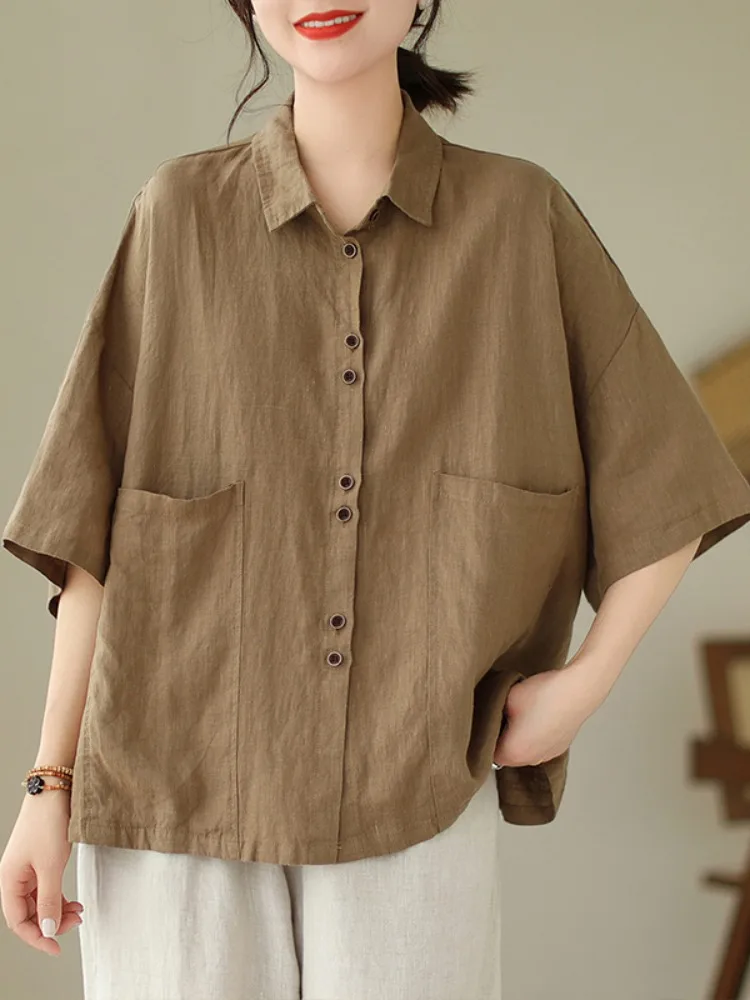 

Повседневная женская блузка большого размера из хлопка и льна, летняя, универсальная, с квадратным вырезом, свободного кроя, визуально стройнящая фигуру.