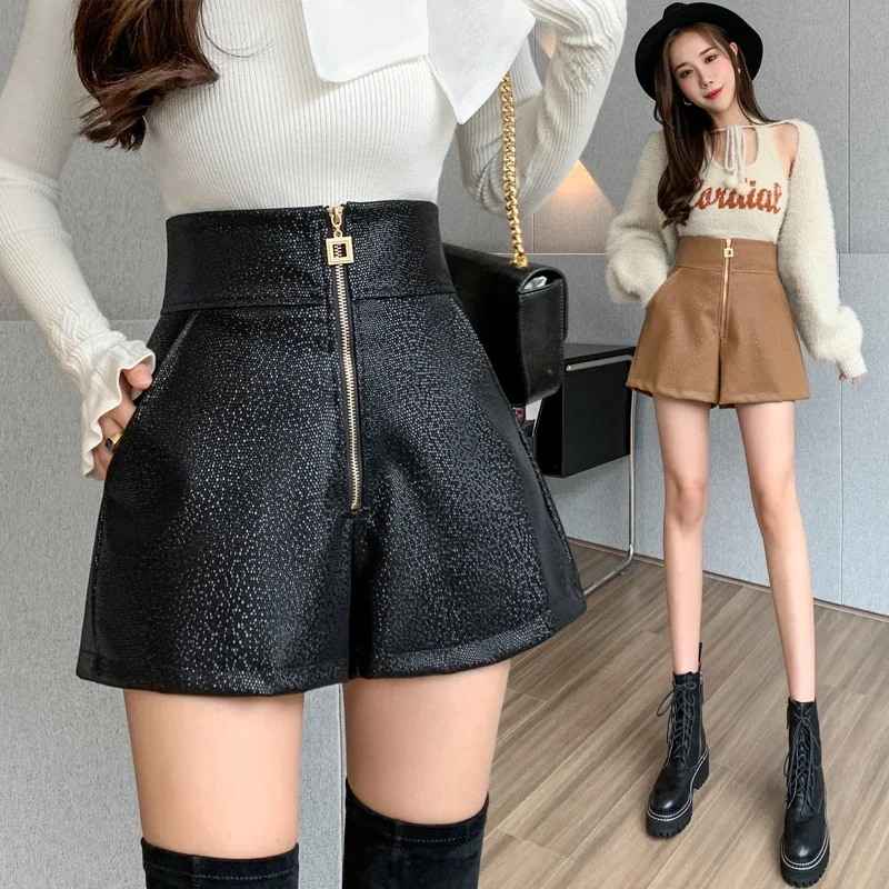 Ladies Fashion OL High Wasited Front Zipper Shiny PU Leather Shorts Women Casual Girls Cute Sexy Booty Shorts Female Outerwear