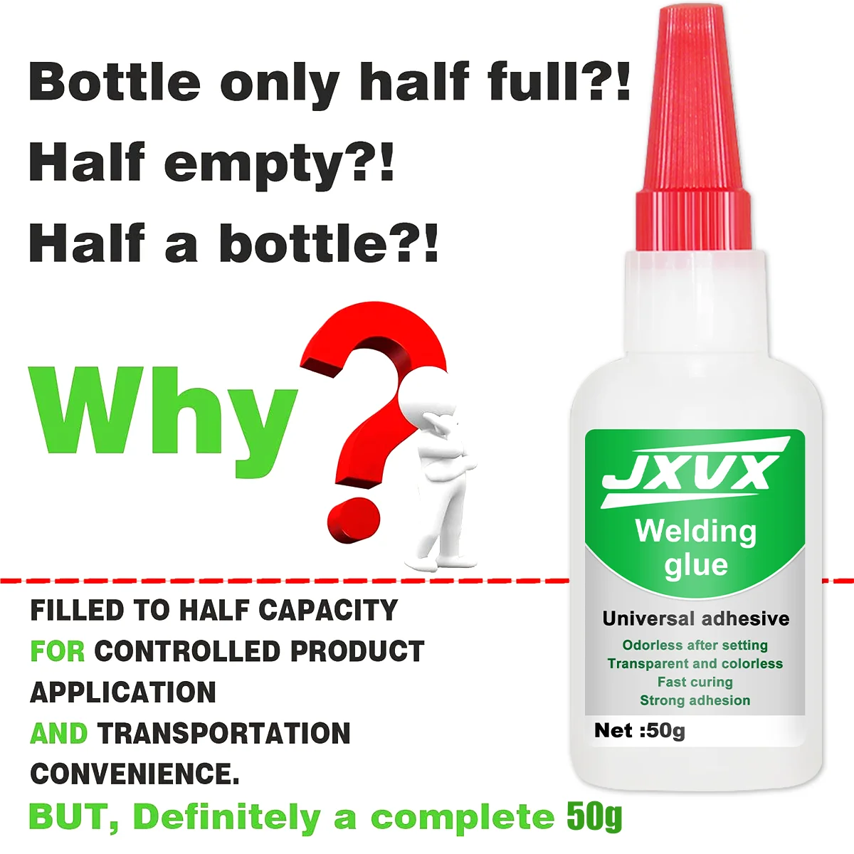 JXVX50g perekat transparan super universal berkekuatan tinggi untuk pengelasan, perekat perbaikan tanpa bekas, perekat instan yang kuat, perekat cair super untuk alat kaca dan keramik.