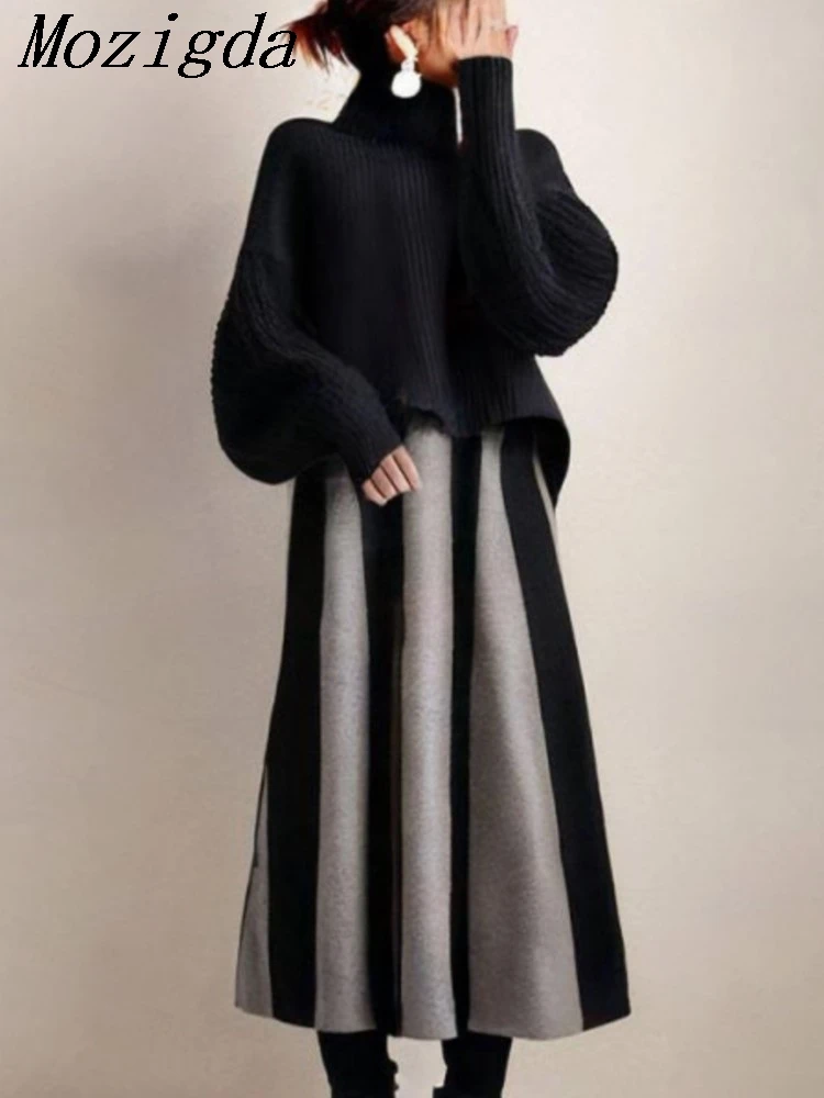 

Два комплекта из двух предметов, весенний свободный вязаный свитер с рукавами-фонариками, водолазка, пуловер, женская лоскутная полосатая юбка, женский женский костюм