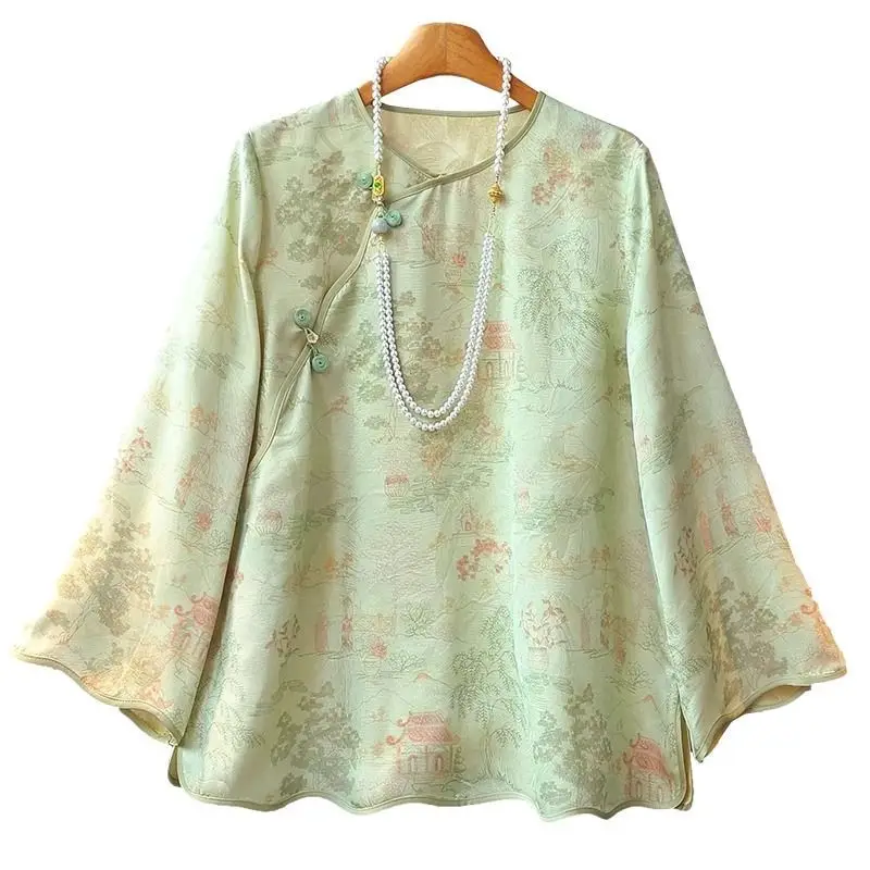 Floral printed Retro Blouses Women Flare Sleeve Vintage Slanted Plate Buckle Chinese Style Jacquard Shirt Oversized