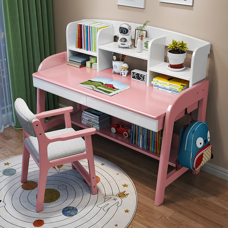 Children's Modern Study Desk Chair Set Home Bedroom Adjustable Height Solid Wood Bookshelf Elementary School Home Furniture