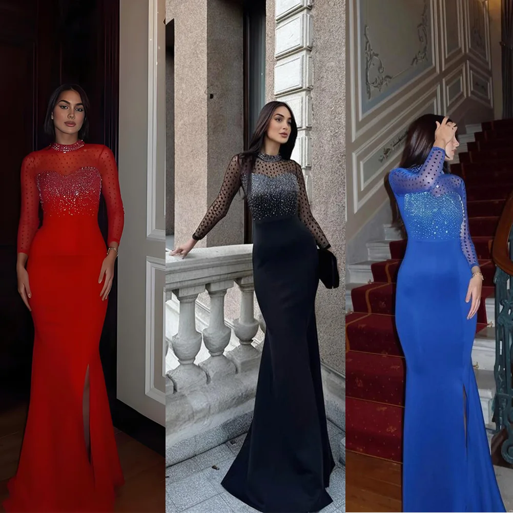 

Slim Vestidos Women Sheath Party Dress O Neck Dresses Long Sleeve Floor Length Diamonds Sexy Summer Slight Strech Spliced