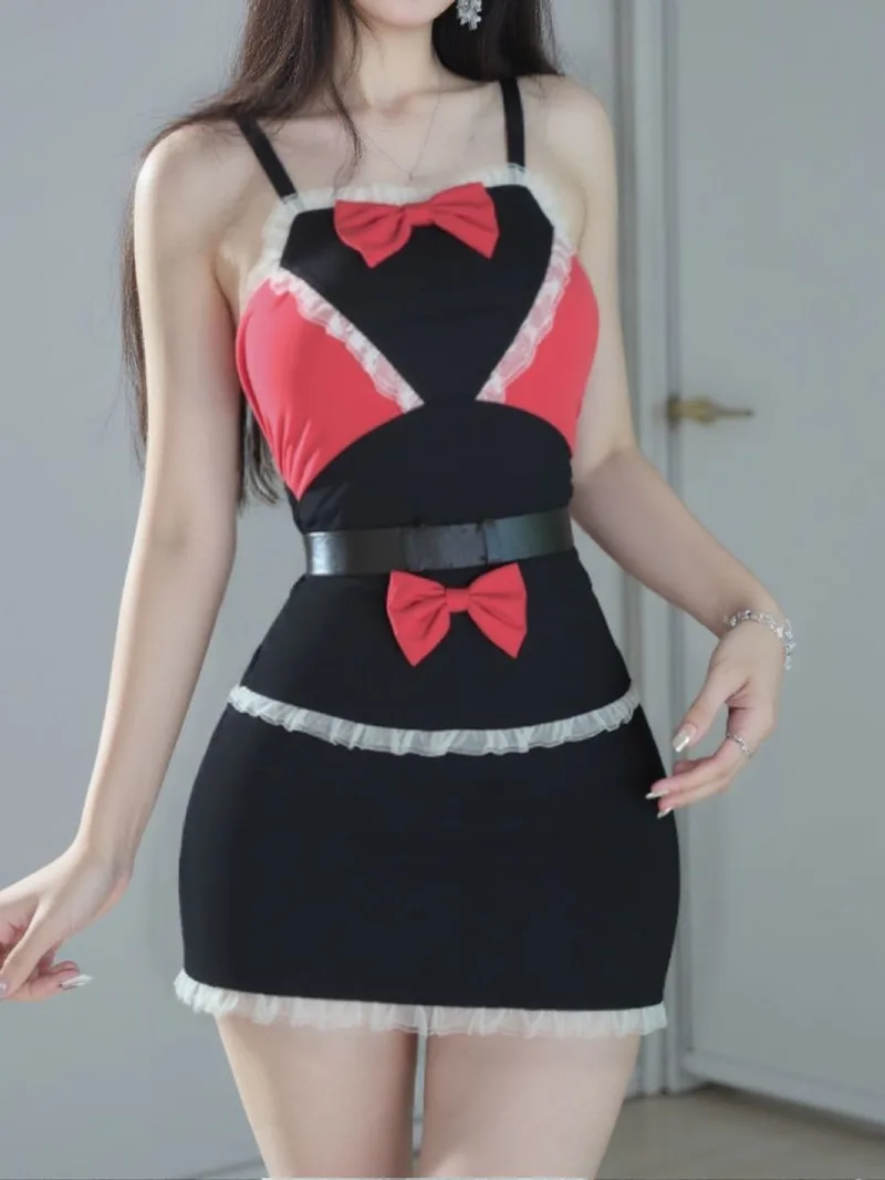 Delantal de sirvienta en vestido encantador lindo dulce lazo encaje recortado espalda descubierta tirantes en V profundo sin mangas vestido envolvente a la cadera elegante II1M