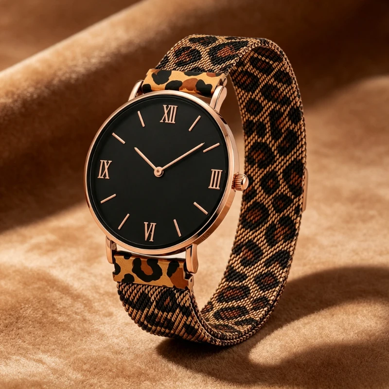 Hot Trend Leopard Mesh Band Women Wristwatch Minimalist Thin Black Roman Numerals Dial Ladies Quartz Watch Fashion Female Clock